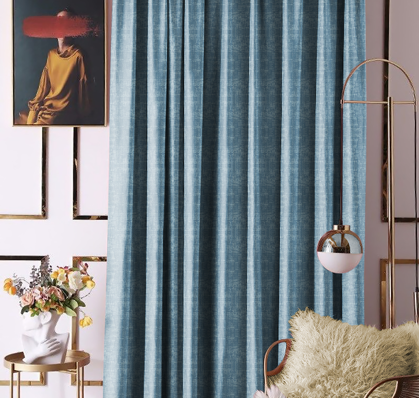 A living room showcasing elegant blackouts curtain fabric in a blue shade