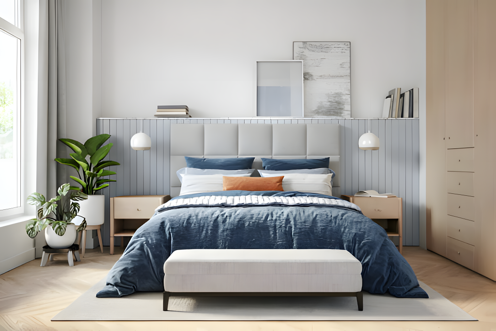 Modern bedroom with a large bed featuring blue and white bedding