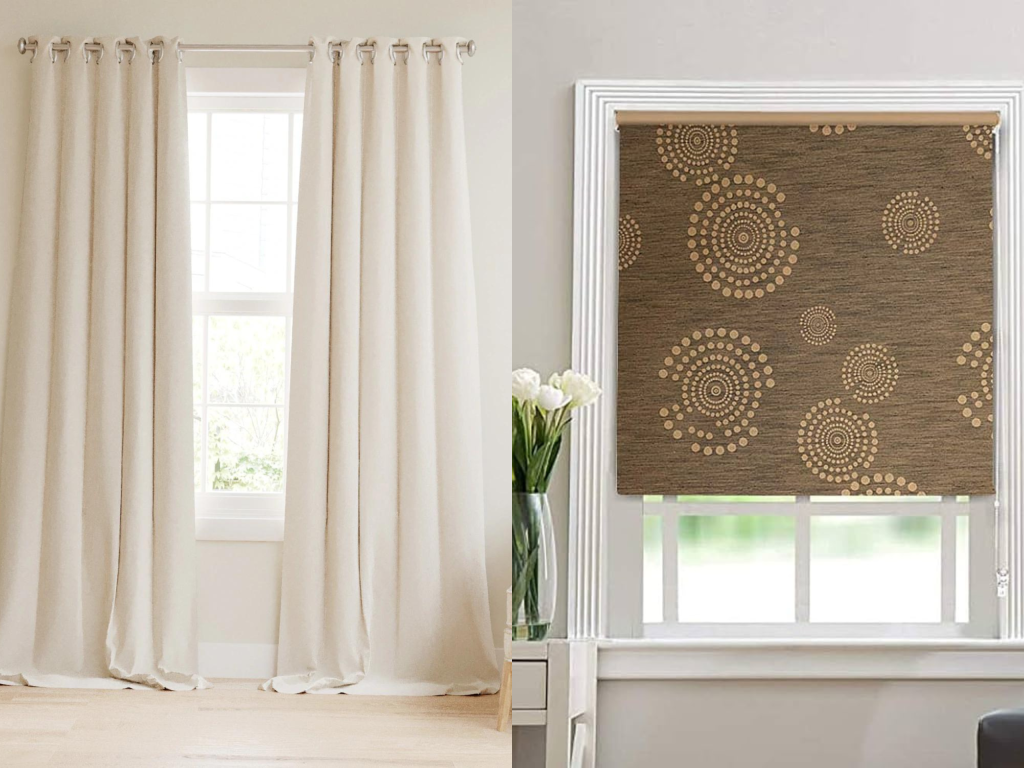 Living room window with brown roller blind and white curtains blackout fabric