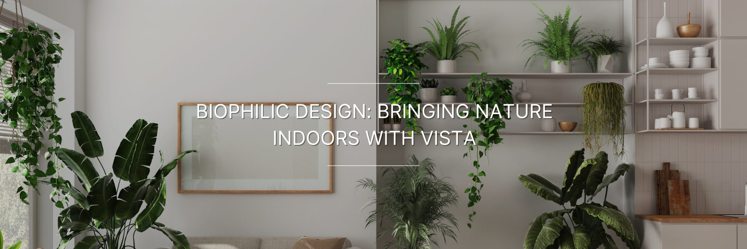 A modern living room with a biophilic design aesthetic. The overall atmosphere is calming and nature-inspired.