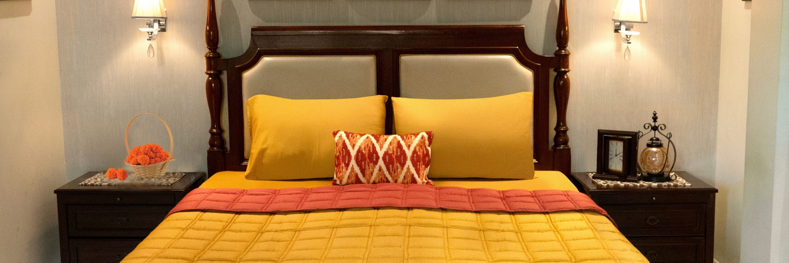 Yellow bedding in a bedroom