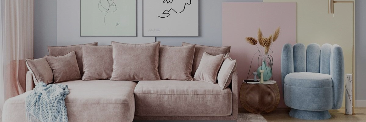 A cozy living room featuring a plush taupe sectional sofa upholstery with pillows, modern artwork, a dreamy blue chair, and stylish decor.
