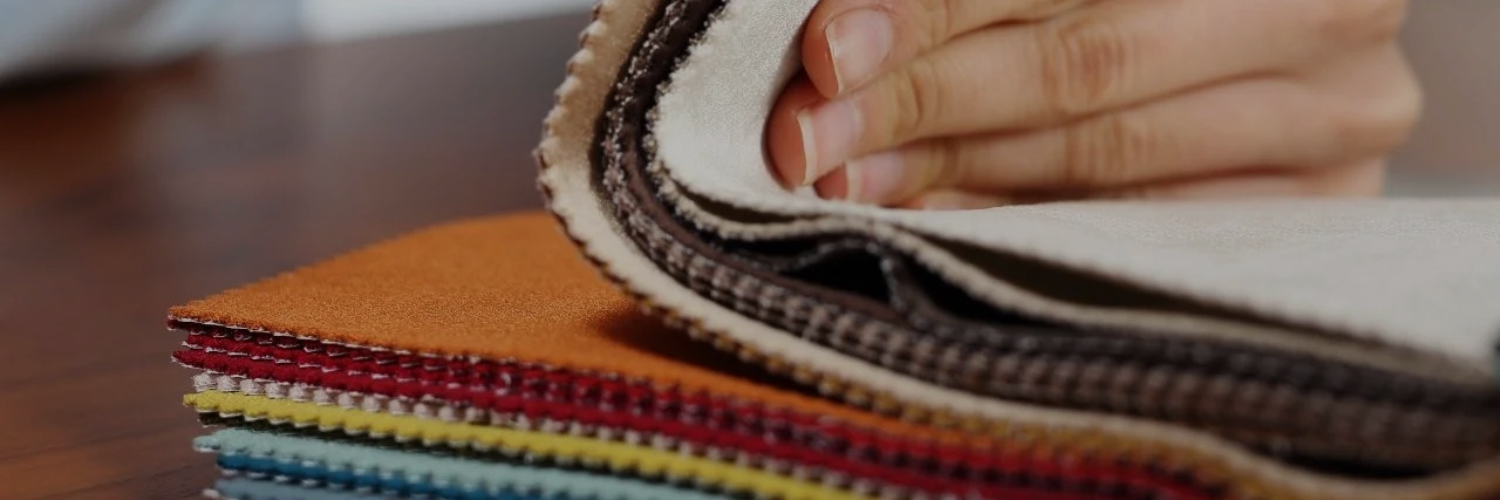 A hand selects upholstery fabric swatches from a neatly stacked assortment of colorful materials on a wooden table.