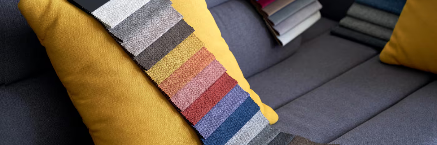 A vibrant color swatch display rests on a gray sofa with a bright yellow pillow, showcasing a variety of textile textures and hues.