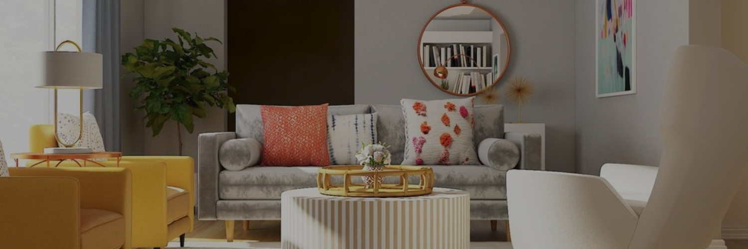 Modern living room with a gray sofa, colorful pillows, a round coffee table, yellow armchairs, a plant, and vibrant wall art.