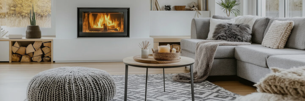 Cozy living room featuring a fireplace, gray sofa with throw blankets, a round coffee table with candles, and a textured pouf.