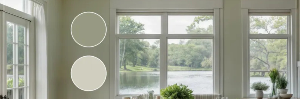 Bright room with large windows overlooking a serene lake; two paint color samples on the wall.