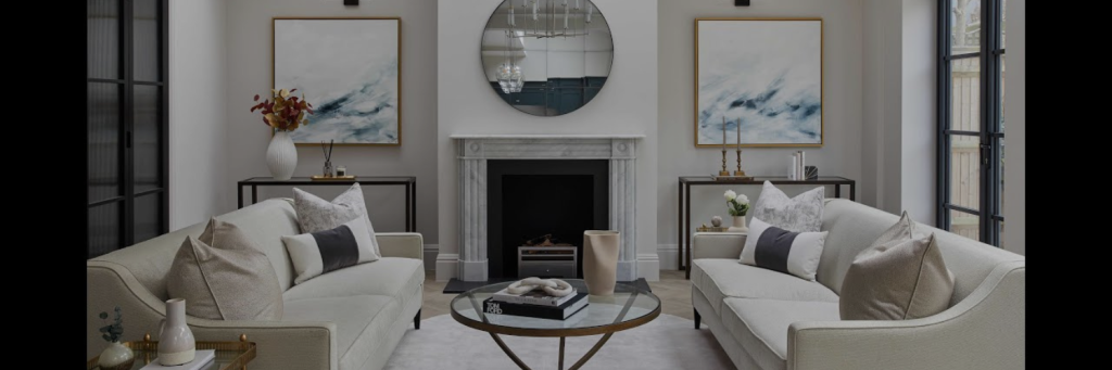 Modern living room featuring two light sofas, a glass coffee table, wall art, and a fireplace, with ample natural light.