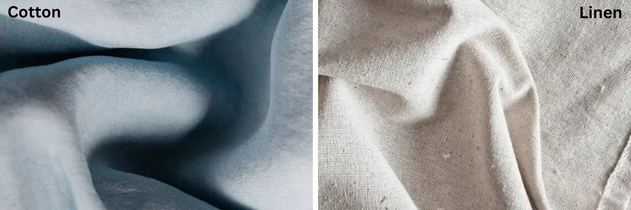 Close-up textures of cotton and linen fabrics, with cotton on the left showcasing a soft, smooth appearance and linen on the right, displaying a textured, natural look.