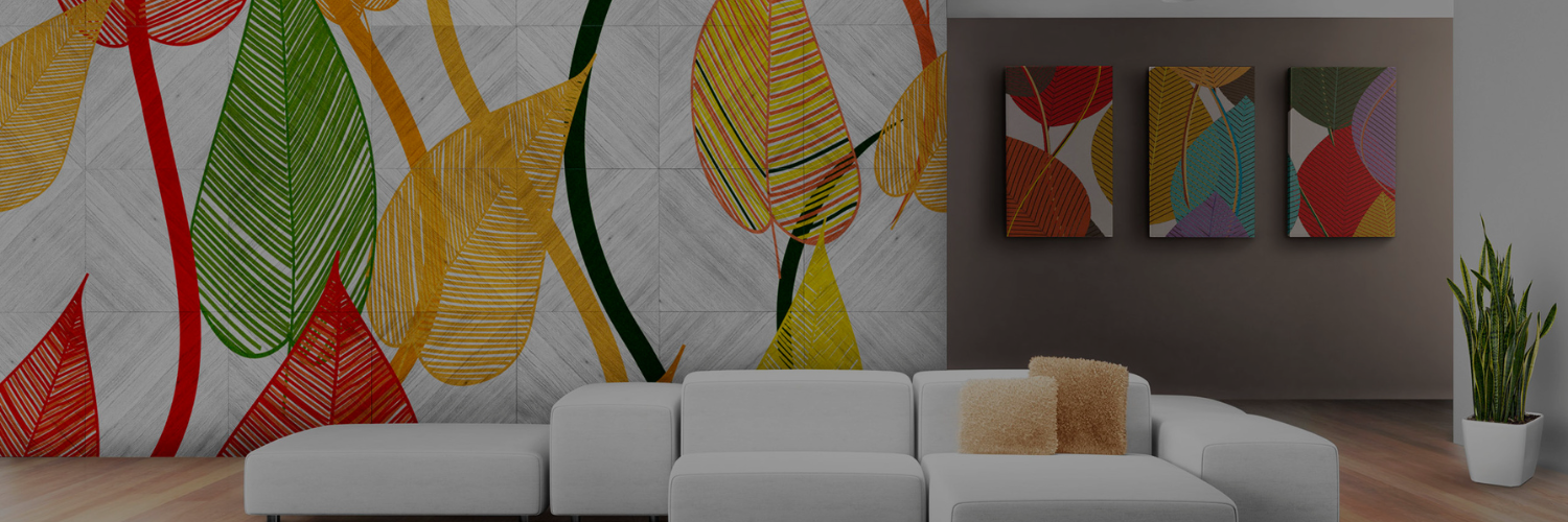 Modern living room featuring a white sofa, vibrant leaf-patterned wall art, and colorful abstract paintings. A green plant adds freshness.