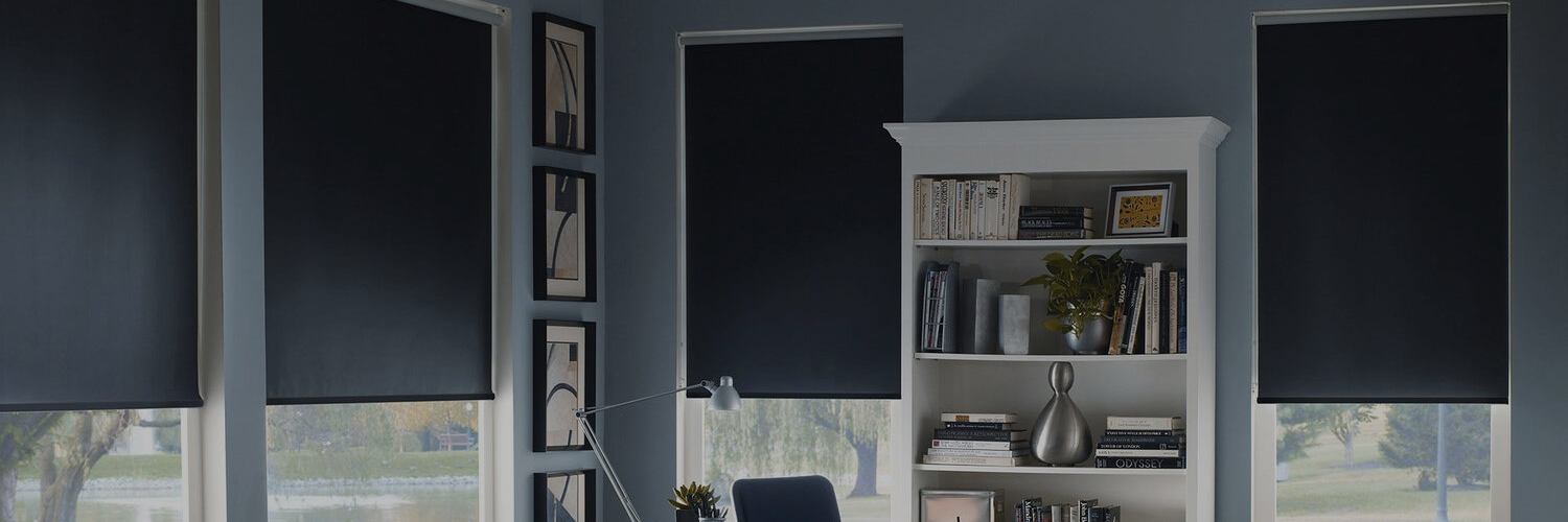 Modern room with dark roller shades on large windows, a white bookshelf filled with books and decor, a lamp, and a blue chair. Calm and organized ambiance.