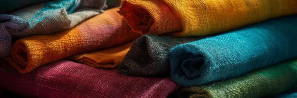Colorful rolls of fabric are stacked in an overlapping pattern. The woven cloths in vibrant teal, orange, maroon, and yellow suggest a cozy, artistic atmosphere.