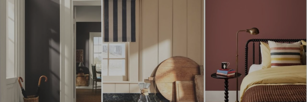 A stylish interior space featuring dark and neutral tones. From left to right: a dark hallway with a basket, a sunlit room with striped blinds, and a cozy bedroom with warm accents and layered textiles.