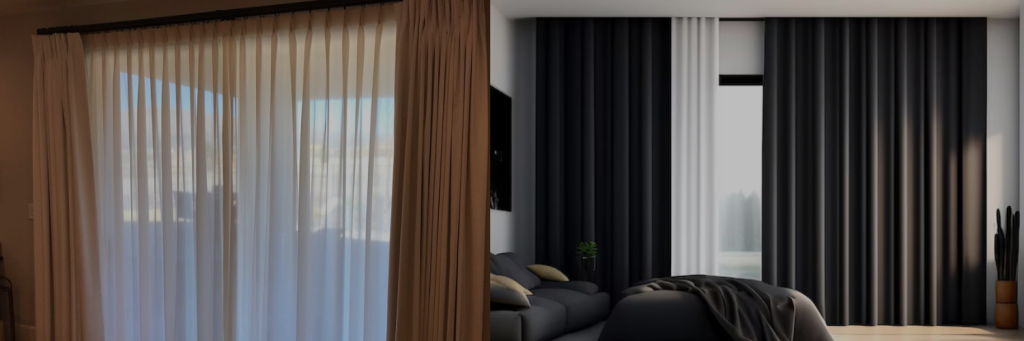 Dimly lit room with two curtain styles: left shows sheer white curtains, allowing light in; right features dark, heavy drapes creating a cozy atmosphere.
