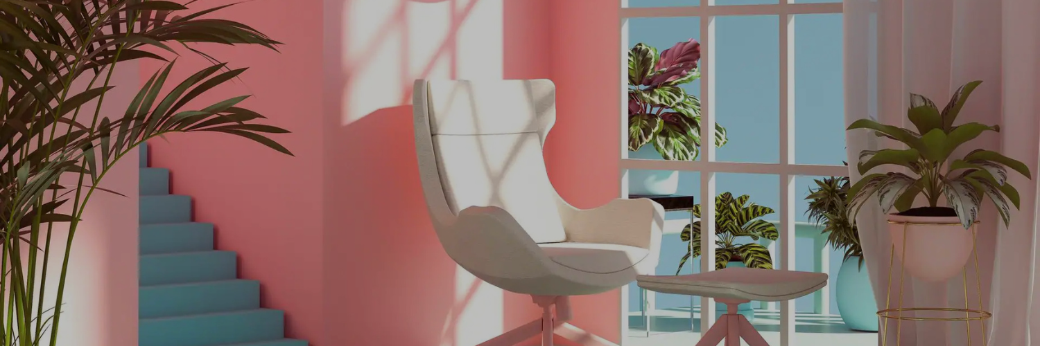 Modern interior with soft pink walls, a cozy white chair next to a small table, large windows showing tropical plants, and stairs with teal steps. Relaxing and airy ambiance.