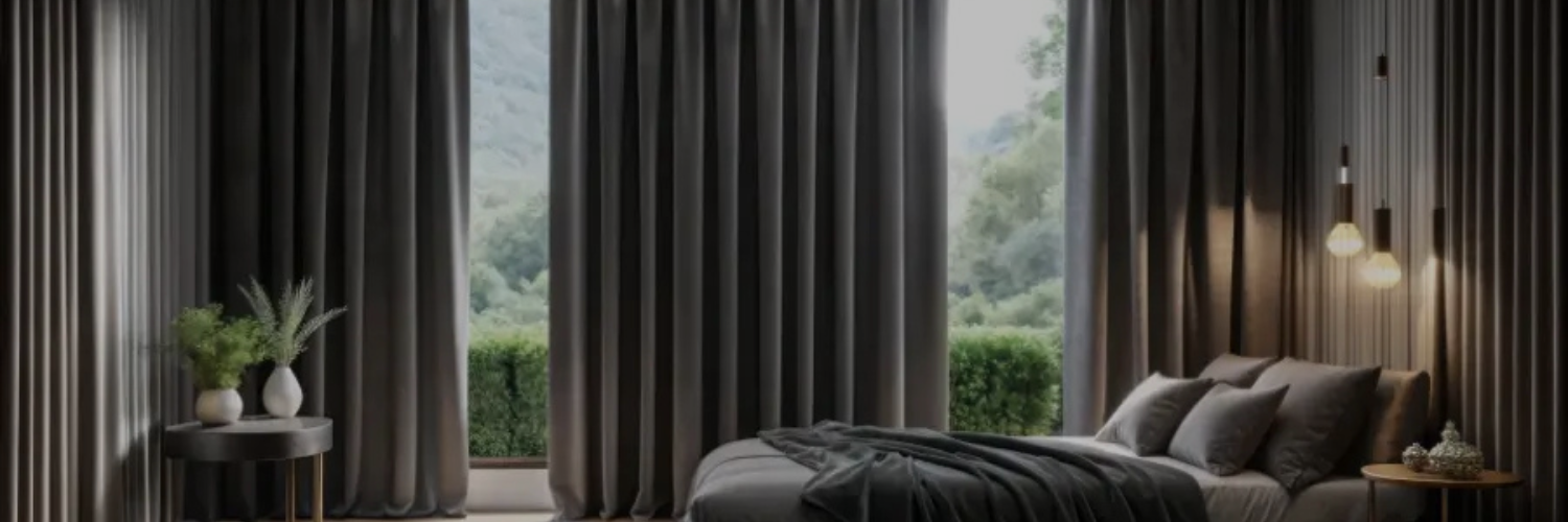 Modern bedroom with large floor-to-ceiling windows, dark curtains, a cozy bed with pillows and blanket, pendant lights, and decorative plants.