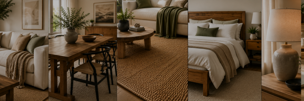 Five warm, neutral home interiors showcasing a sofa, dining table, rug, bed, and table lamp.