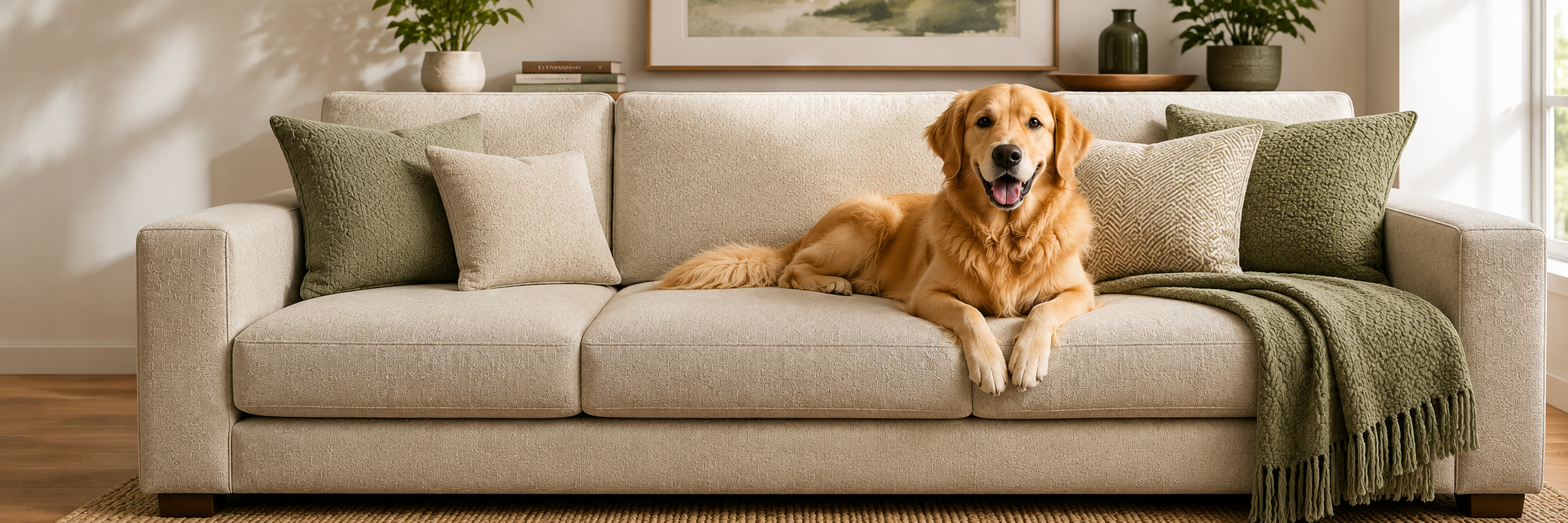 A cute dog relaxing on a cream upholstered sofa in a cozy living room.