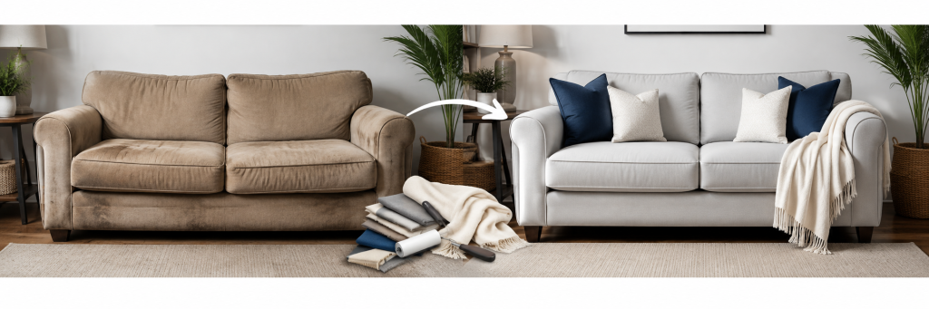 Worn sofa transformed into a fresh, stylish sofa with new cushions and throws.