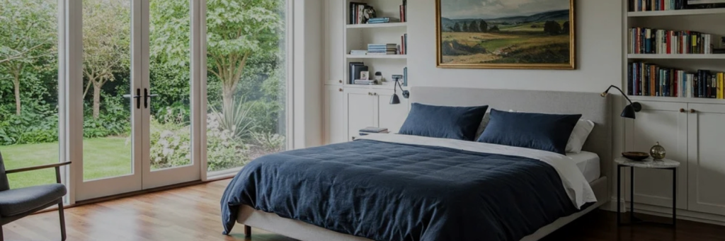 A spacious bedroom with blue bedding and white furniture