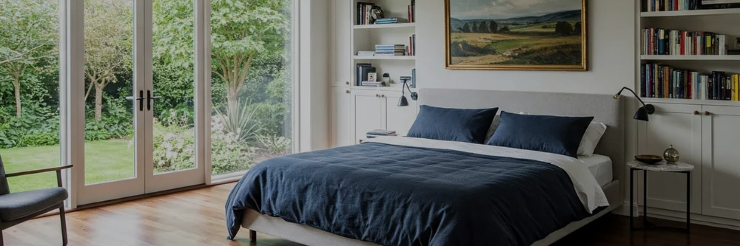 A spacious bedroom with blue bedding and white furniture
