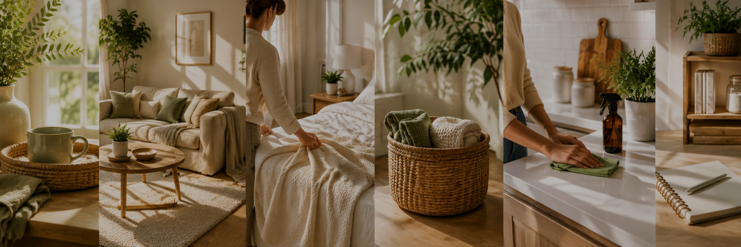 A cozy, sunlit home being tidied and organized with plants, folded linens, and warm neutral decor.
