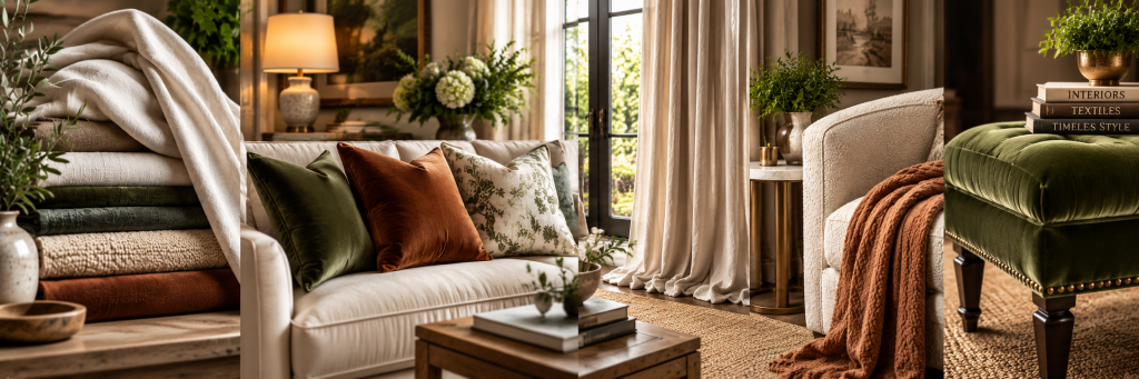 Luxurious living room showcasing layered fabrics, including linen, velvet, boucle, and woven textiles, with a neutral sofa, warm-toned pillows, elegant curtains, greenery, and an olive velvet ottoman.
