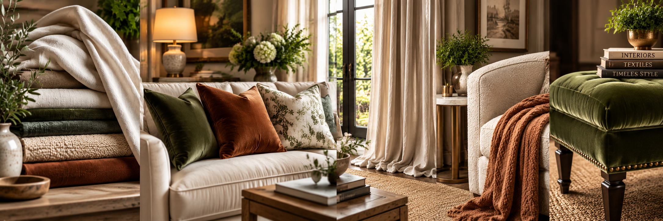 Luxurious living room showcasing layered fabrics, including linen, velvet, boucle, and woven textiles, with a neutral sofa, warm-toned pillows, elegant curtains, greenery, and an olive velvet ottoman.