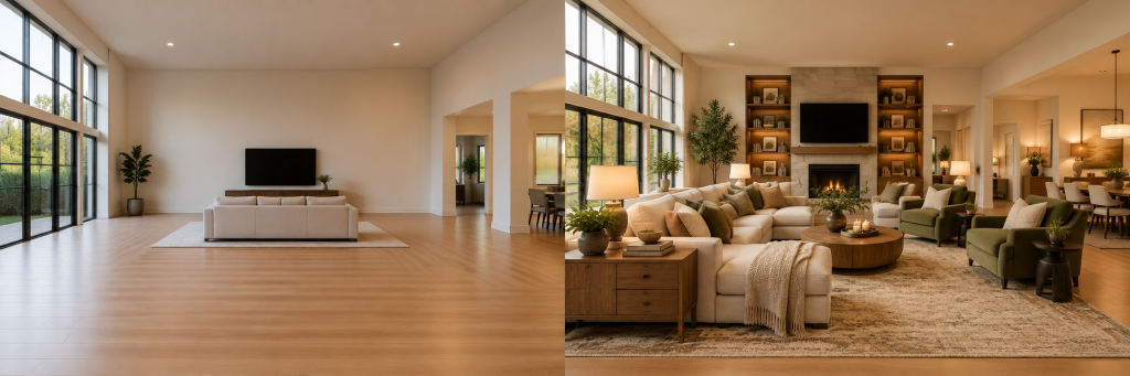 A split-screen large living room showing a sparse, empty space on the left and a warm, layered, fully furnished space on the right, with sofas, chairs, rugs, plants, lighting, a fireplace, and decor creating a more inviting feel.