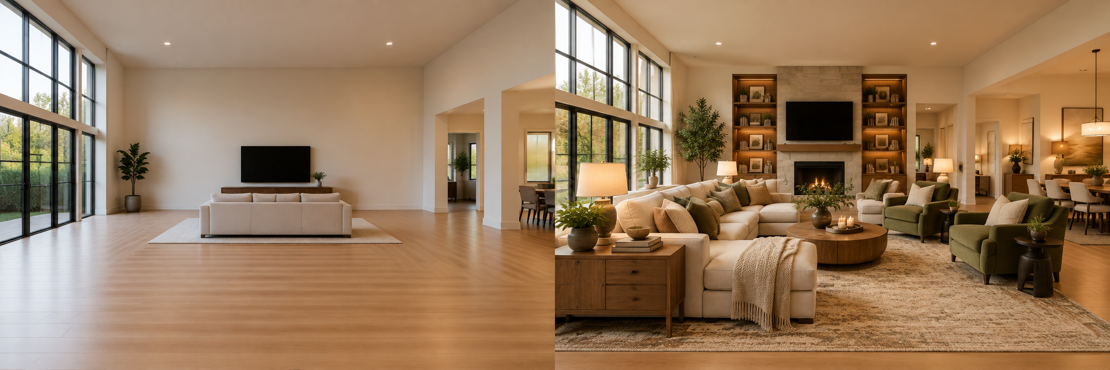 A split-screen large living room showing a sparse, empty space on the left and a warm, layered, fully furnished space on the right, with sofas, chairs, rugs, plants, lighting, a fireplace, and decor creating a more inviting feel.