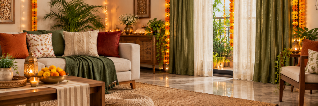 Modern Diwali living room with olive curtains, neutral cushions, marigold garlands, diyas, and cozy festive décor.